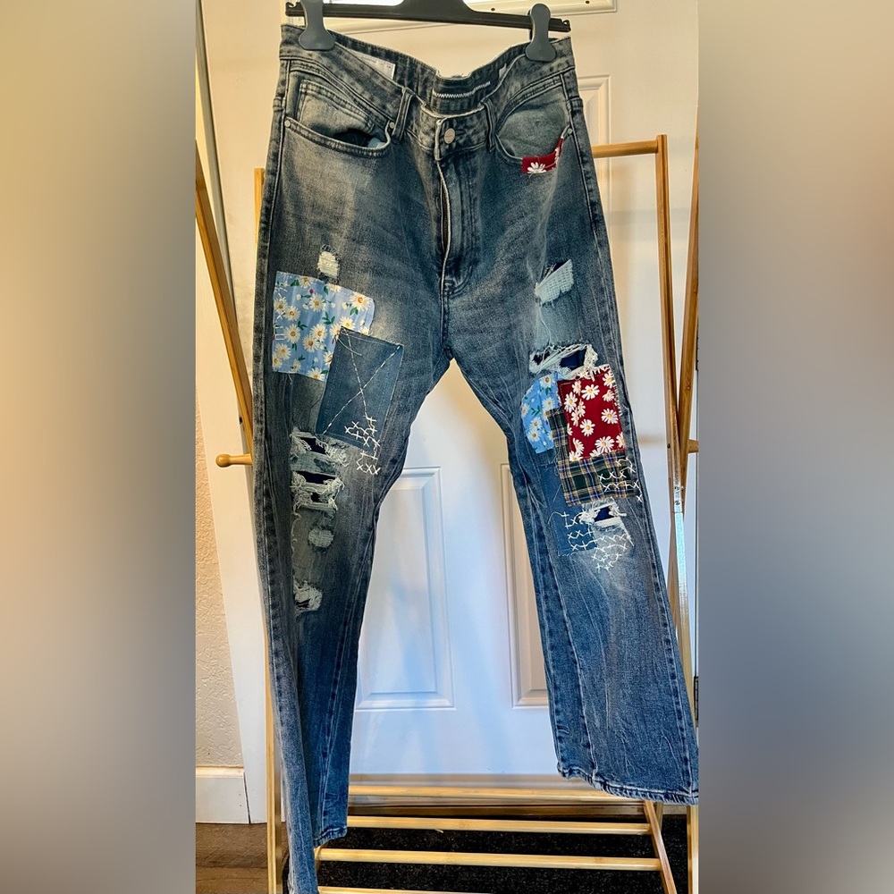 Womens Flare Blue Patchwork Jeans